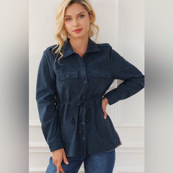 Geometric Button Up Drawstring Collared Neck Jacket - Picture 2 of 5